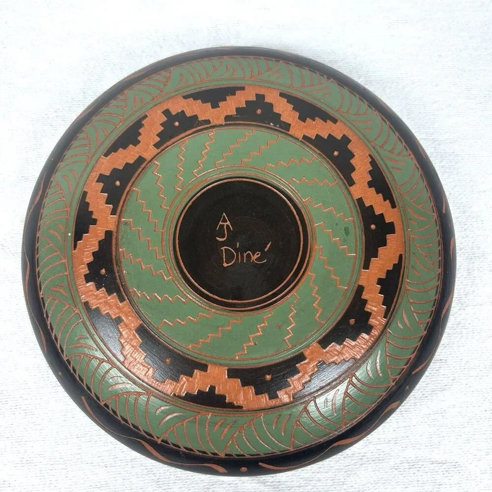 Vintage Dine Navajo Handpainted Etched Geometric Pattern Seed Pot 6
